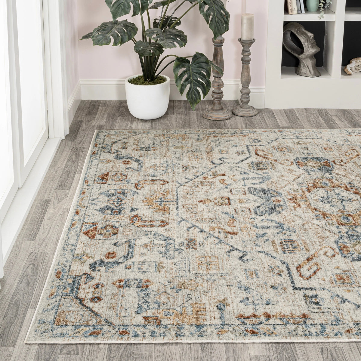 Bohemian Medallion Low-Pile Machine-Washable Area Rug, Cream and Terra
