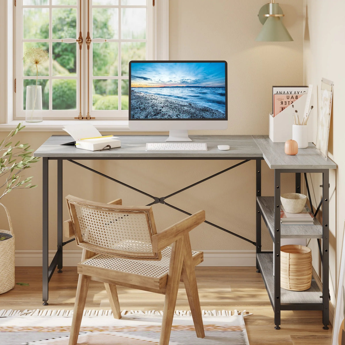 Small L Shaped Computer Desk with Storage Shelves, Compact Corner Workstation for Home Office and Study