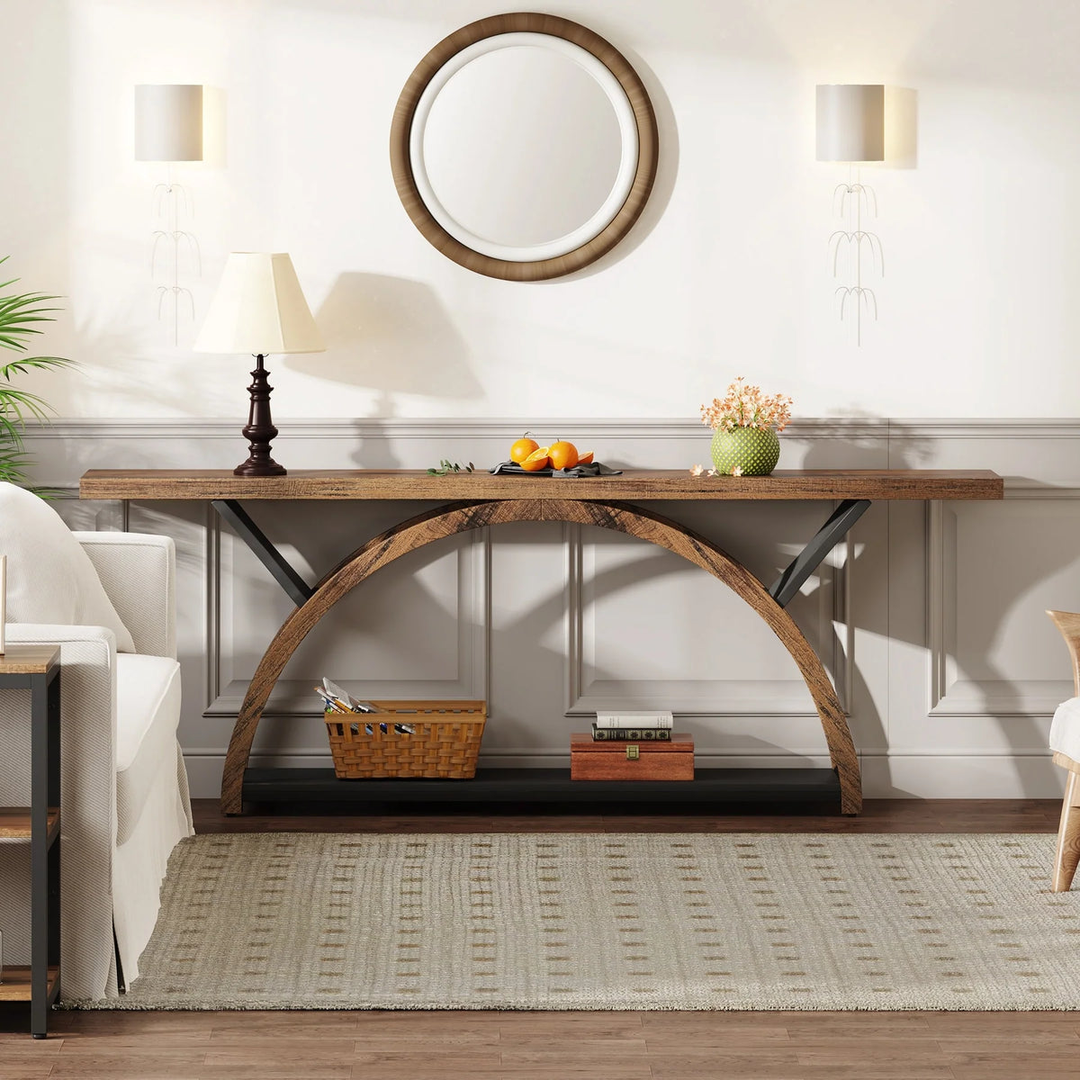 Gray 2-Tier Slim Console Sofa Table, Semi-Circular Metal Frame for Hallway