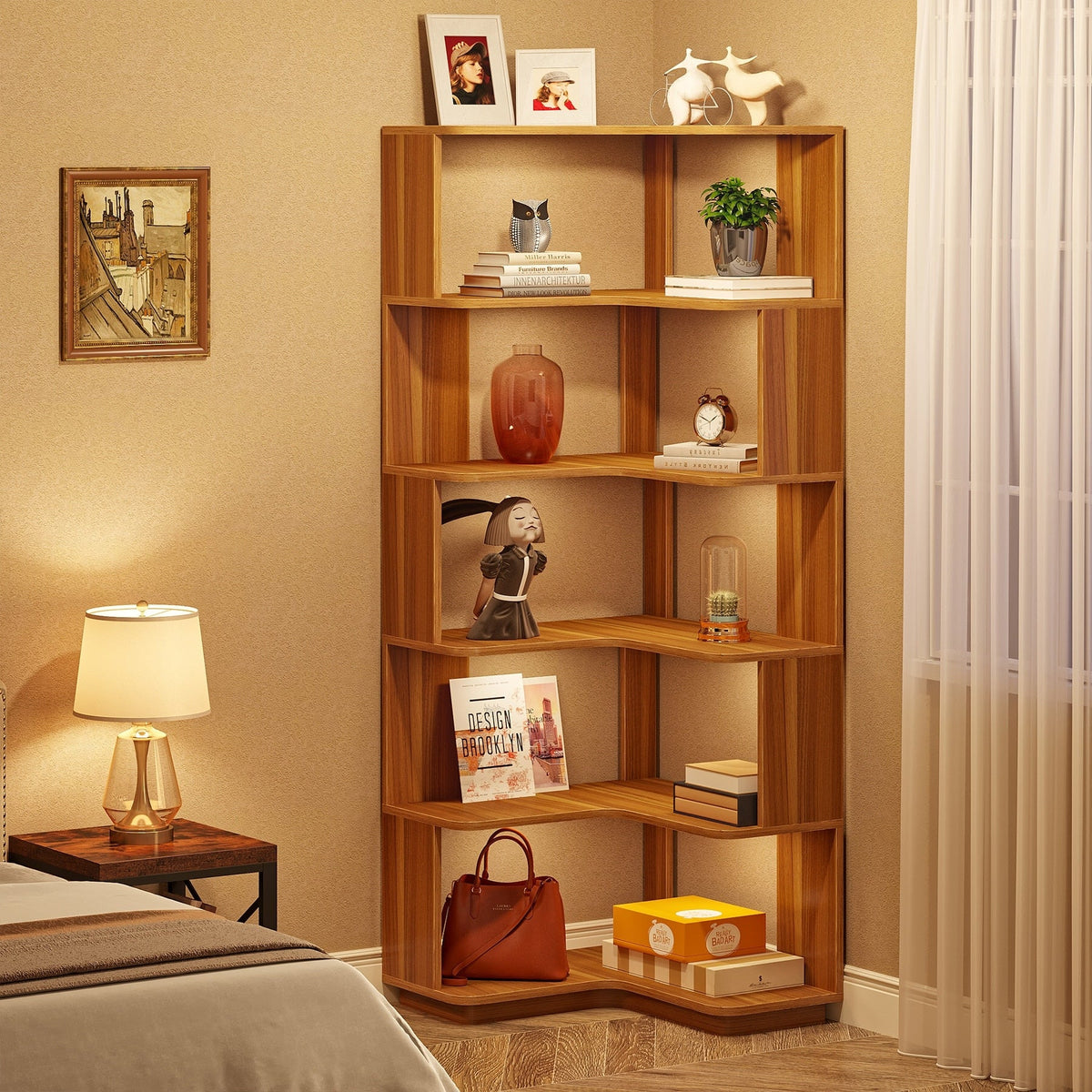 64.9 Inch Tall 6-Tier Corner Bookshelf, Freestanding Wood Industrial Bookcase
