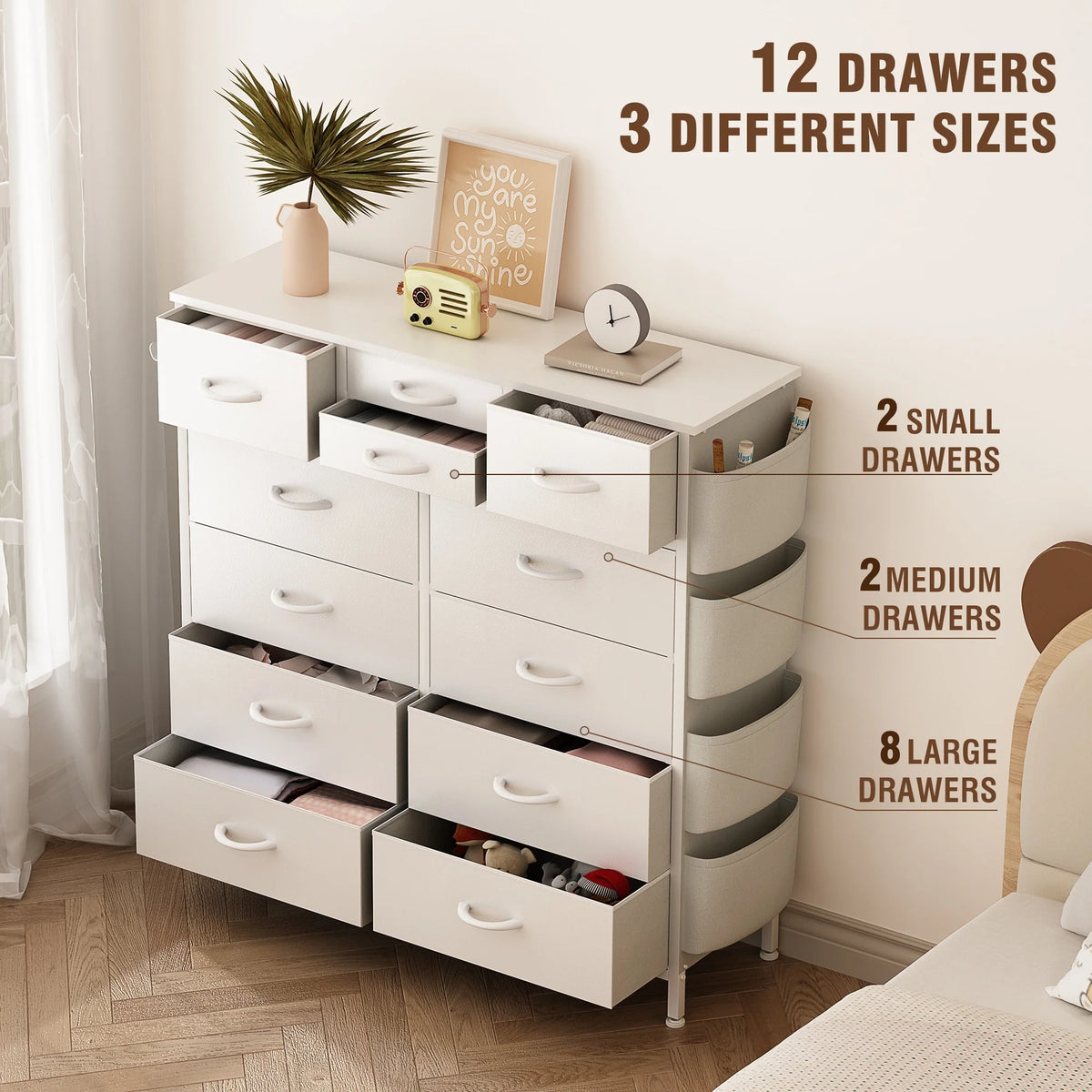 12 Drawer Fabric Dresser, Tall Bedroom Chest of Drawers with Storage