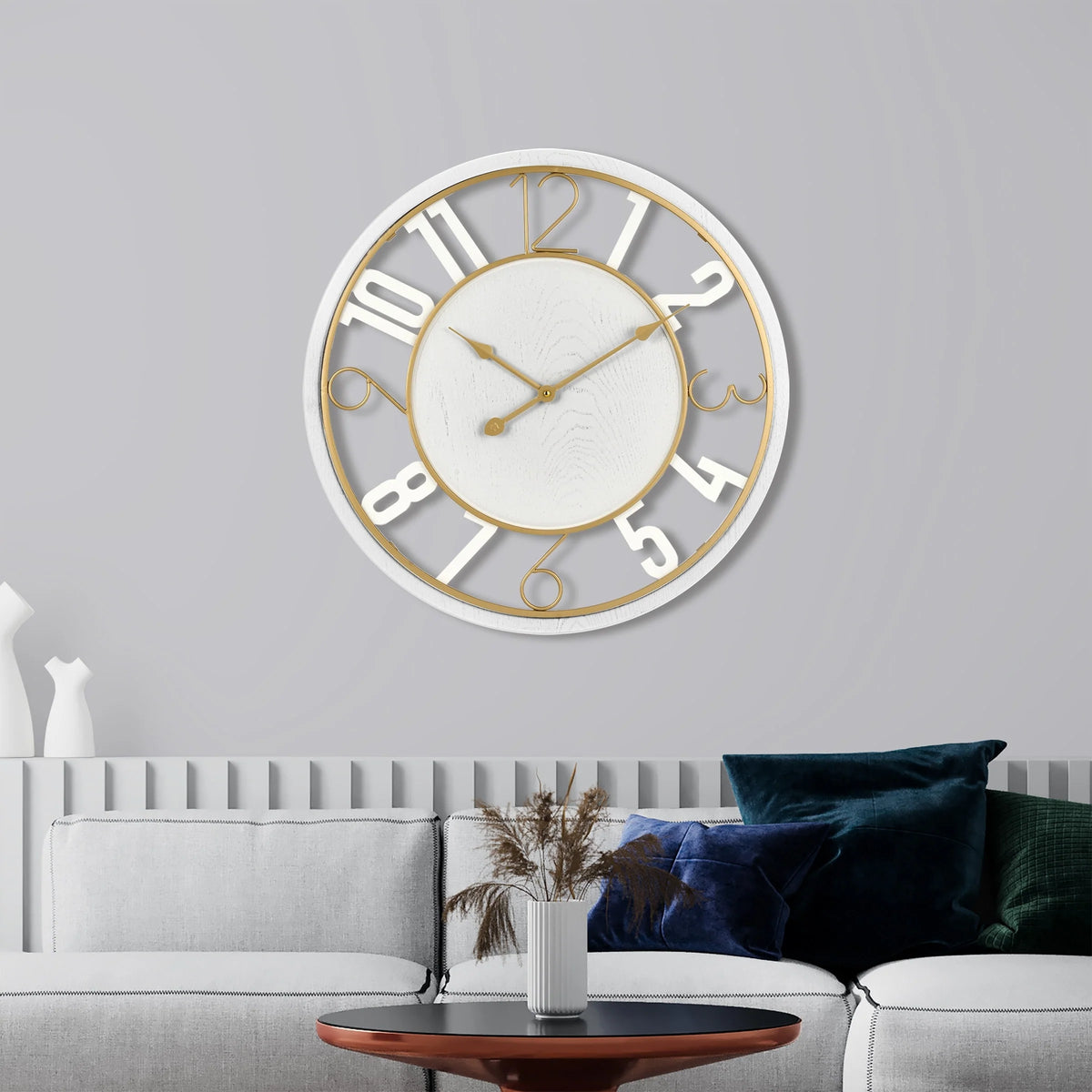 24 Inch Round Wooden Wall Clock, Modern Analog Clock with Numeral Design, Battery Operated