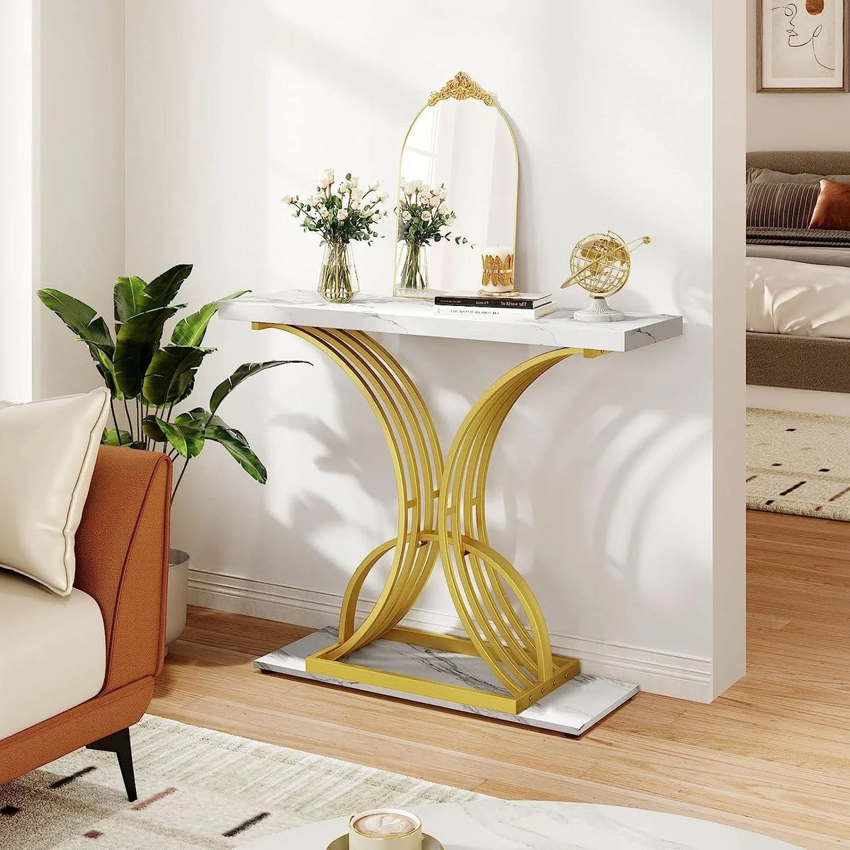Modern Gold Console Table with Marbled Top, Sofa Table for Entryway and Hallway