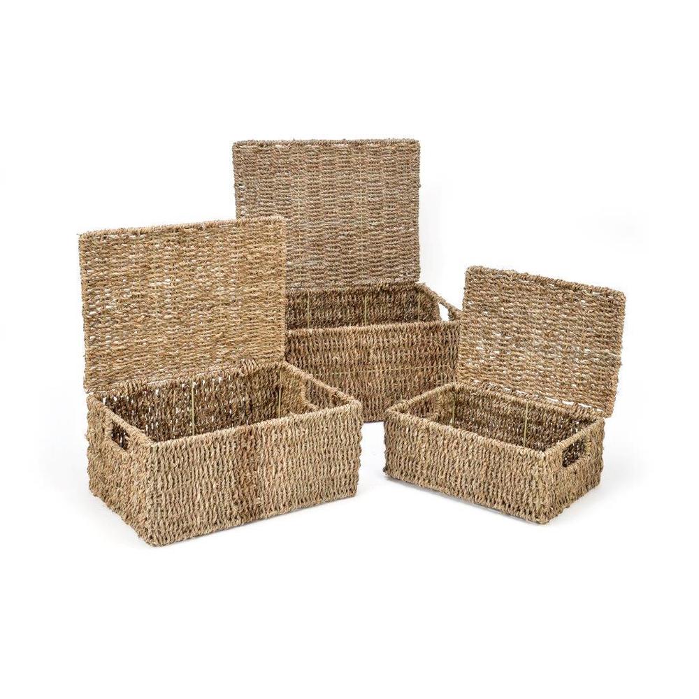 Set of 3 Small Rectangular Seagrass Baskets with Lids, Woven Storage Baskets