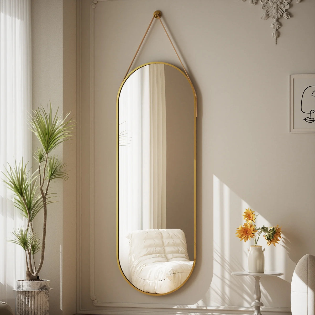 48 x 16 Inch Full Length Wall Mirror with Leather Strap, Hanging Full Body Mirror for Bedroom, Entryway and Home Decor