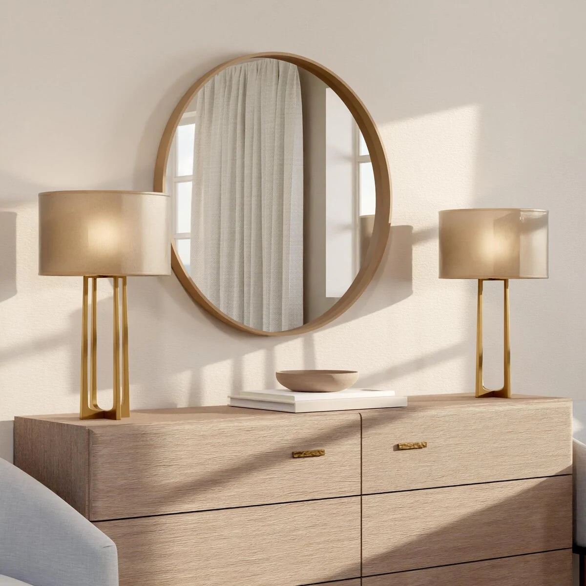 Classic Farmhouse Round Wall Mirror, Wooden Frame Decorative Accent Mirror for Living Room, Bedroom and Entryway