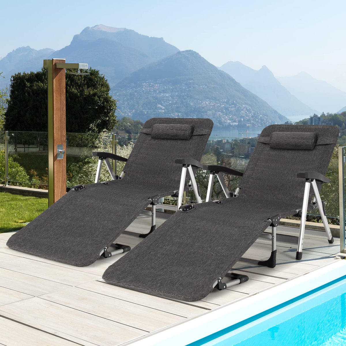 Folding Outdoor Chaise Lounge Chair with Cup Holder and Detachable Headrest
