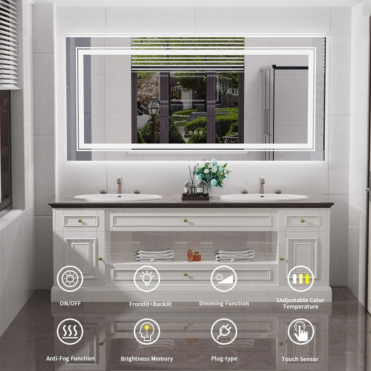 Extra Large LED Lighted Bathroom Mirror, Anti-Fog Wall Mounted Vanity Mirror with 3 Colors