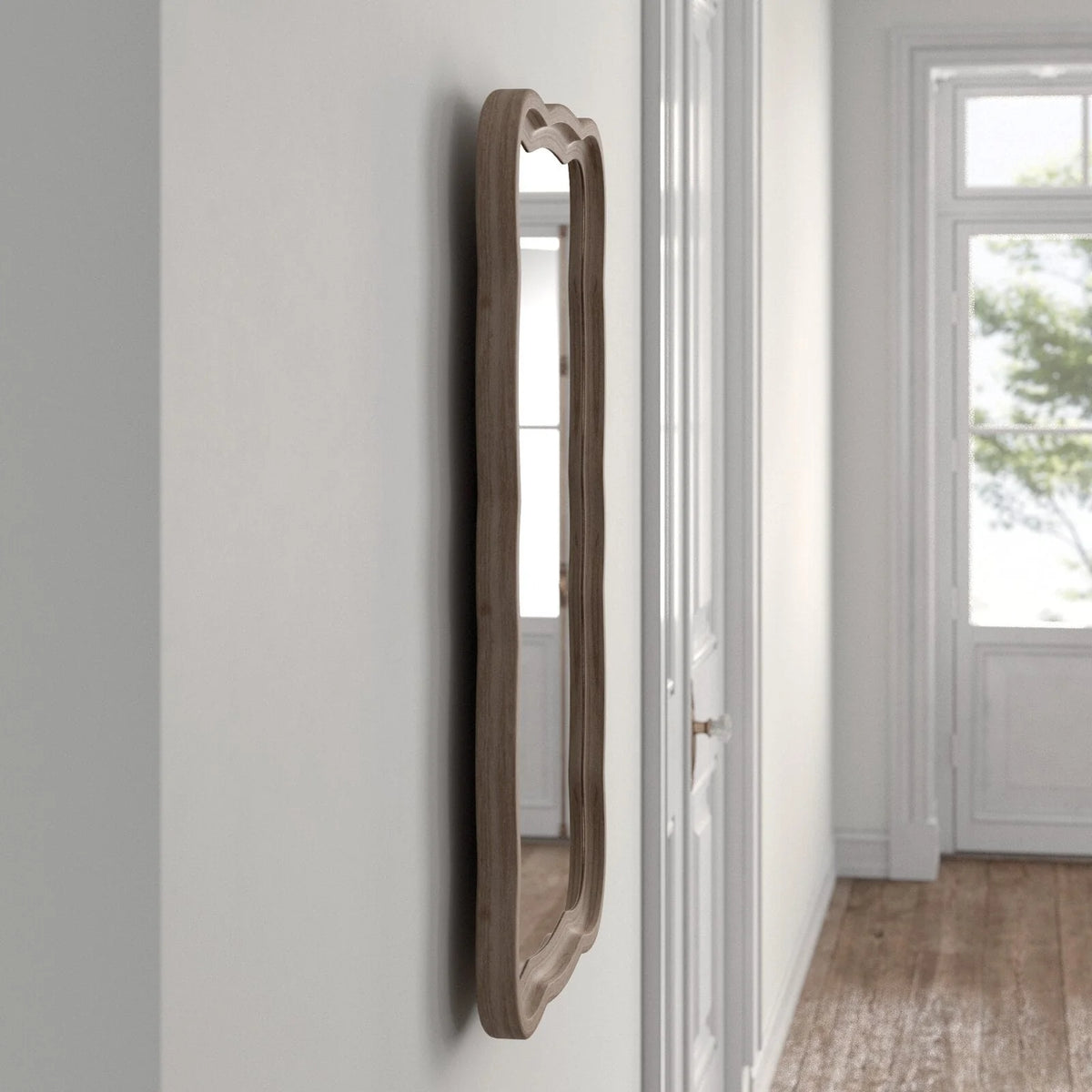 Curved Scallop Wood Frame Accent Mirror, Modern Decorative Wall Mirror for Living Room, Bedroom and Entryway
