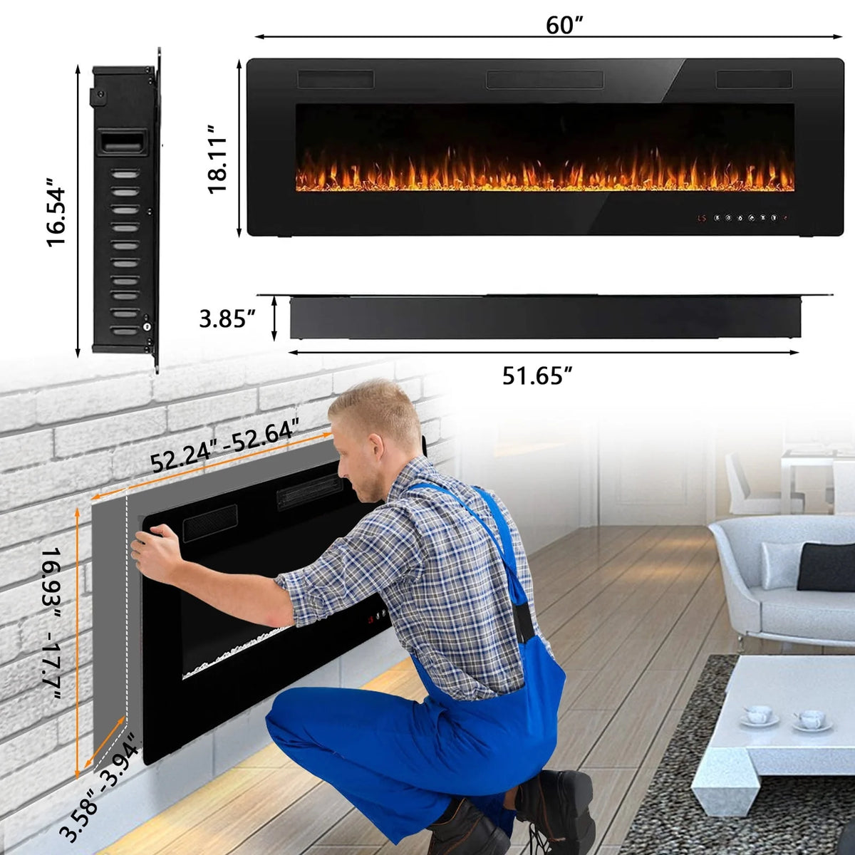 30-72 Inch Ultra-Thin Electric Fireplace, Linear Recessed Wall Mounted Fireplace with Remote Control