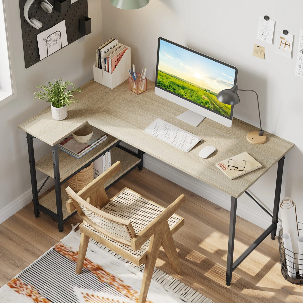 Small L Shaped Computer Desk with Storage Shelves, Compact Corner Workstation for Home Office and Study