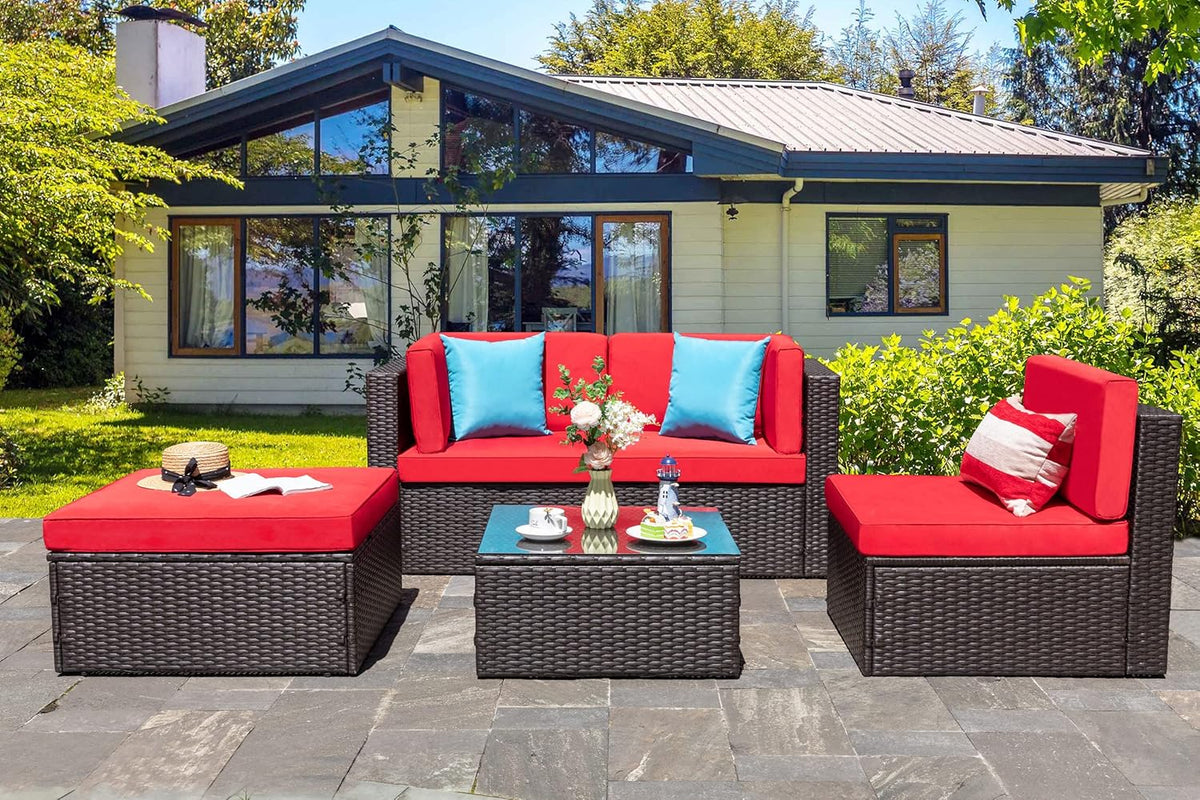 5-Piece All-Weather Patio Furniture Set with Ottoman, Outdoor Wicker Conversation Sofa Set with Cushions for Garden, Deck & Backyard