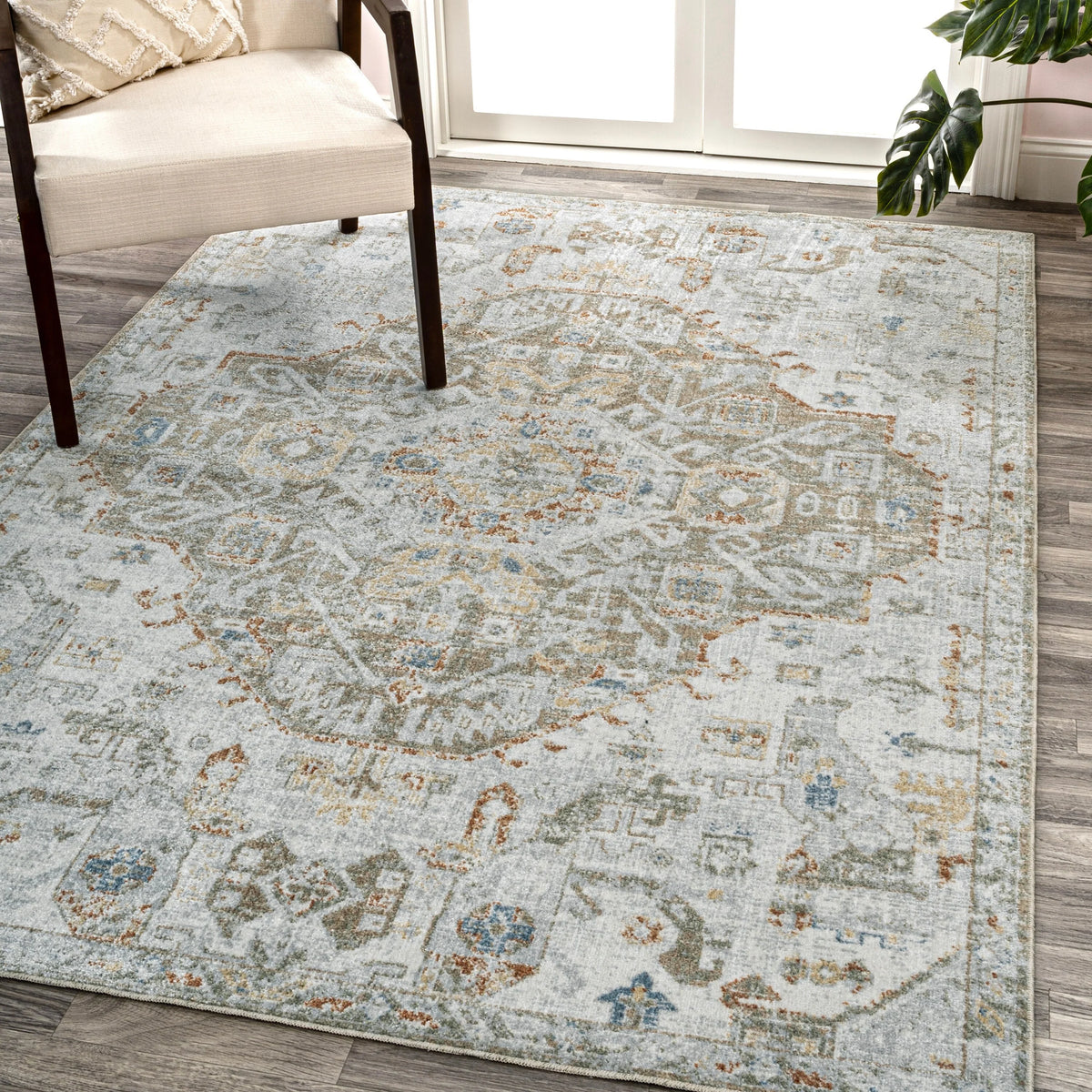 Bohemian Medallion Low-Pile Machine-Washable Area Rug, Cream and Terra