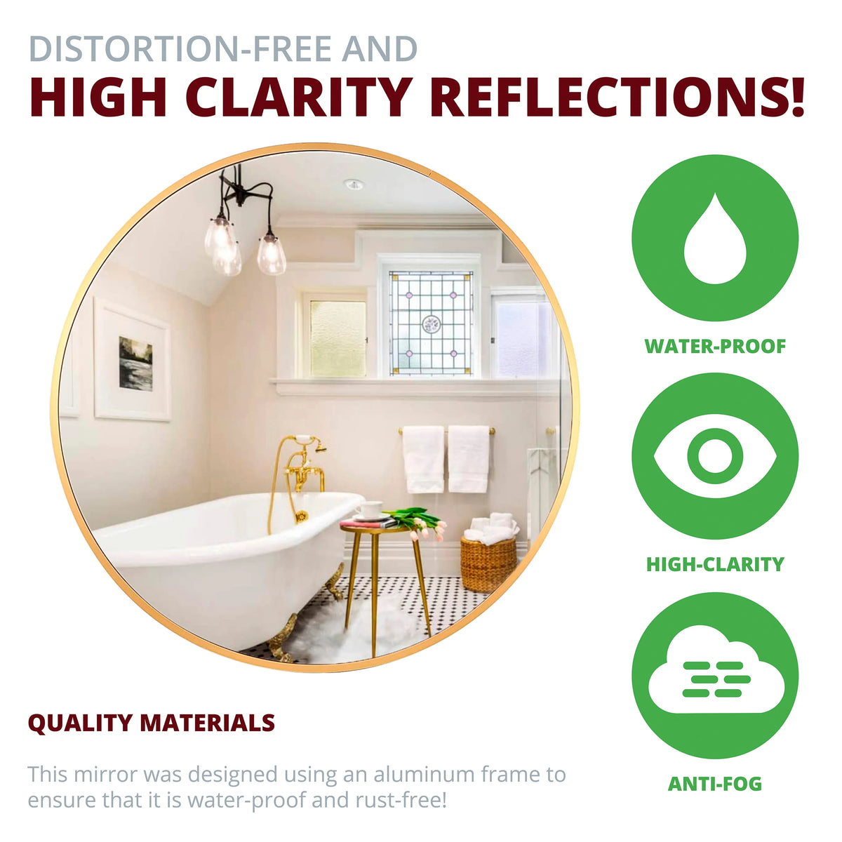 Modern Round Aluminum Wall Mirror, Decorative Circular Metal Frame Mirror for Living Room, Bedroom and Entryway