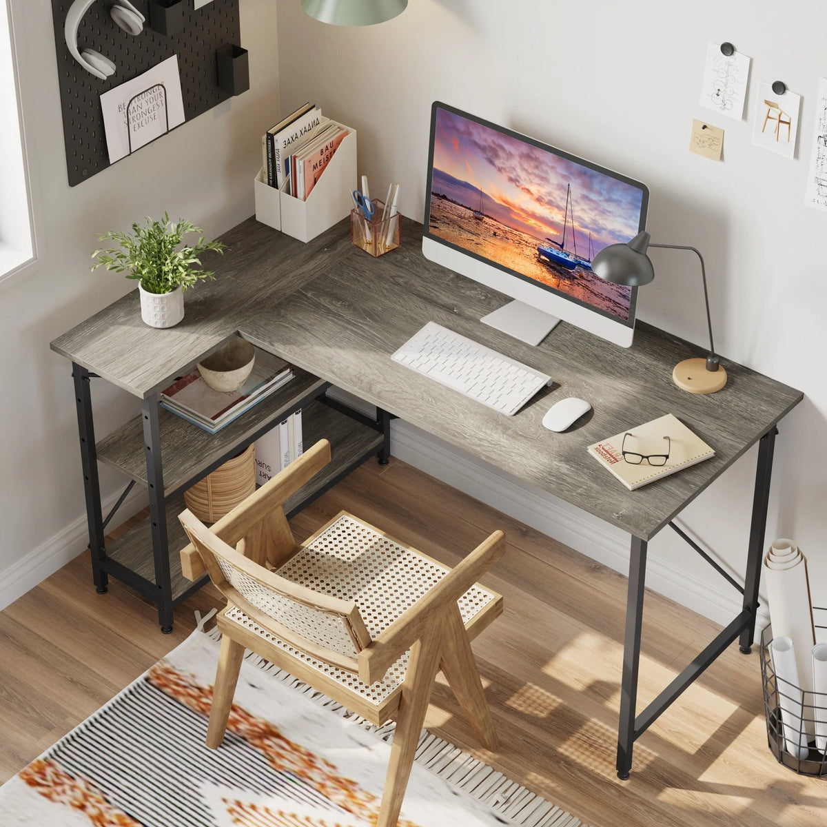 Small L Shaped Computer Desk with Storage Shelves, Compact Corner Workstation for Home Office and Study