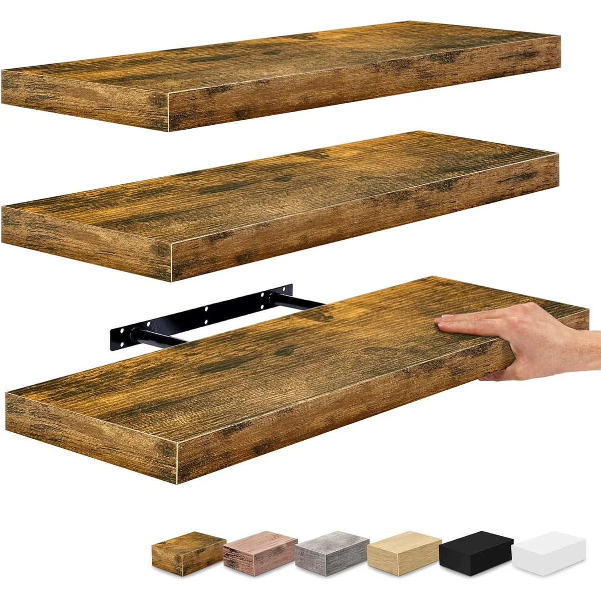 Set of 3 Floating Wood Wall Shelves, Wall Mounted Display and Storage Shelves with Invisible Brackets for Books and Home Decor