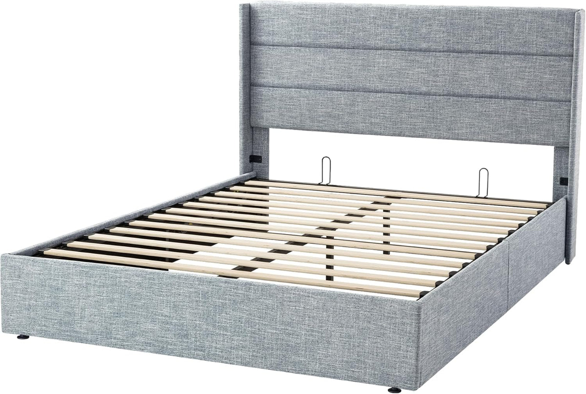 Queen Size Lift Up Storage Bed with Wingback Headboard, Upholstered Platform Bed Frame with Hidden Storage