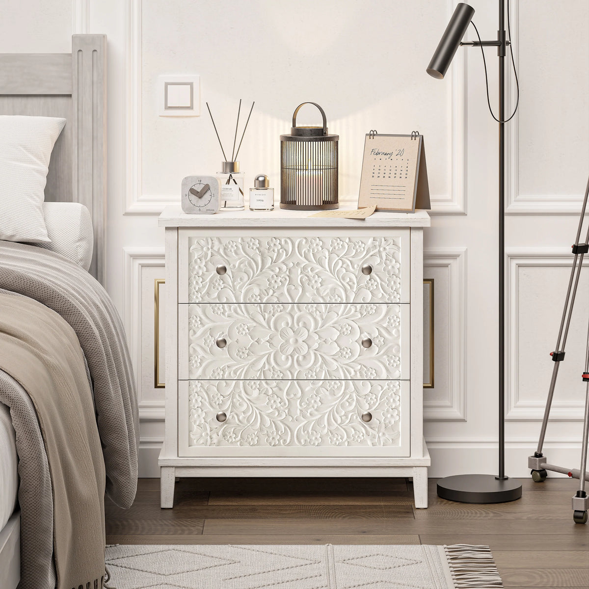 Farmhouse Fully Assembled Nightstand with 2 Drawers, Flower Motif End Table for Small Spaces