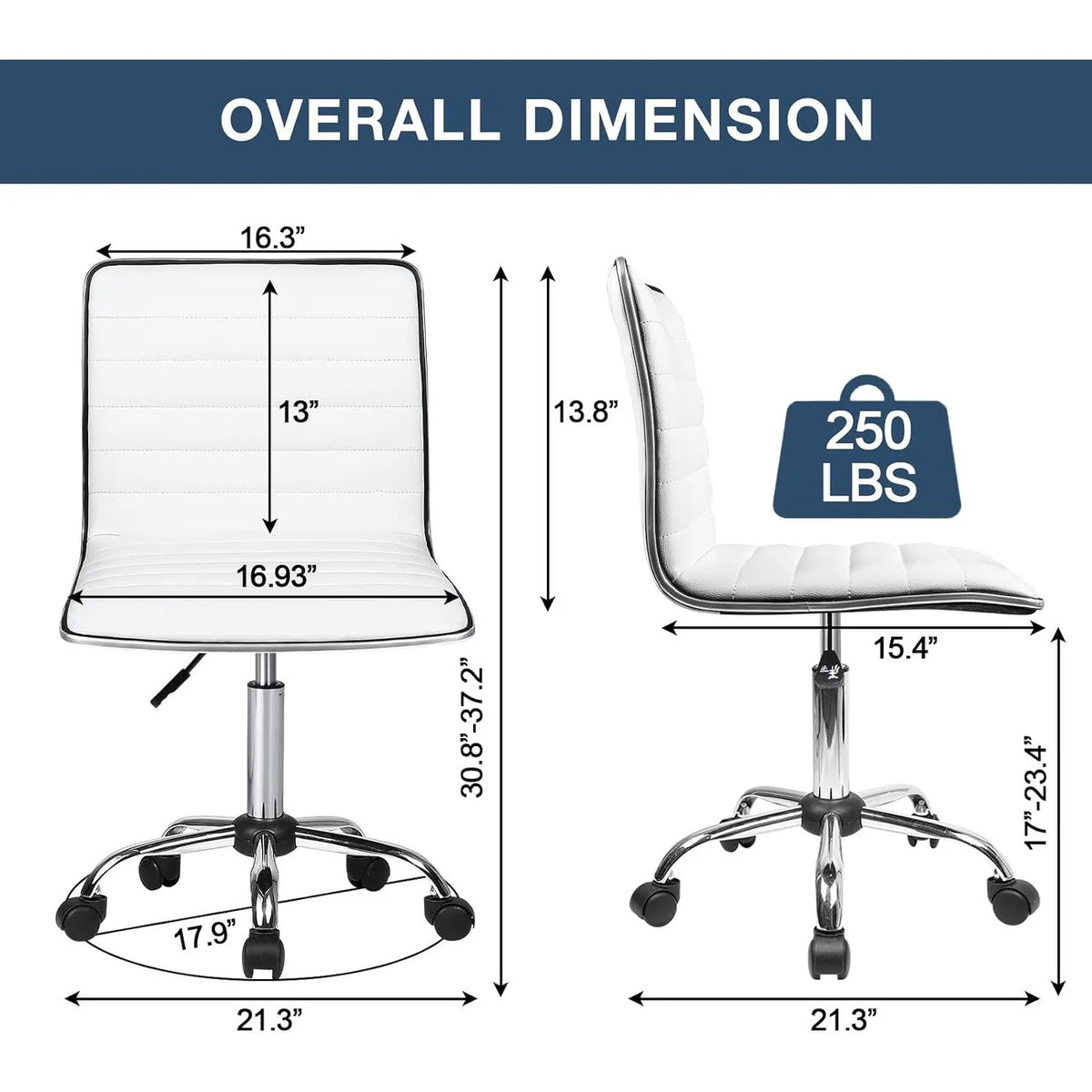 Adjustable Mid-Back Armless Swivel Office Chair, Ribbed Task and Vanity Chair for Small Spaces