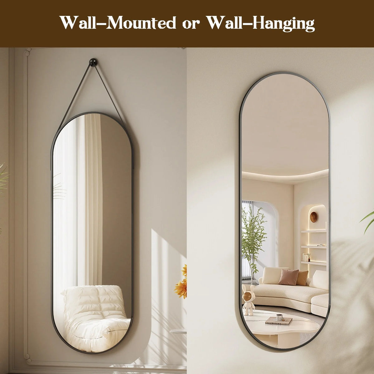 48 x 16 Inch Full Length Wall Mirror with Leather Strap, Hanging Full Body Mirror for Bedroom, Entryway and Home Decor