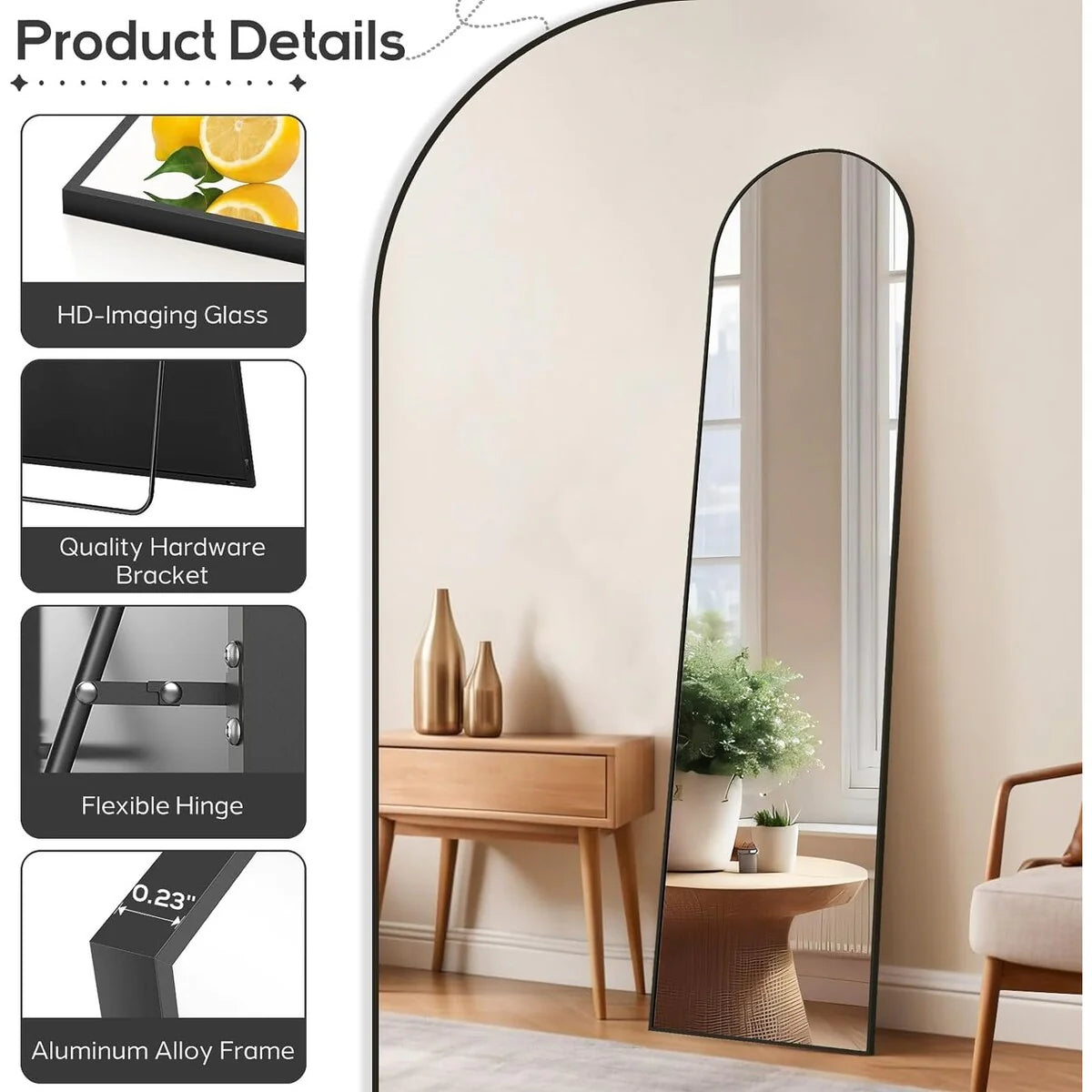 Full Length Mirror with Stand, Aluminum Alloy Frame Full Body Floor Mirror for Bedroom and Cloakroom