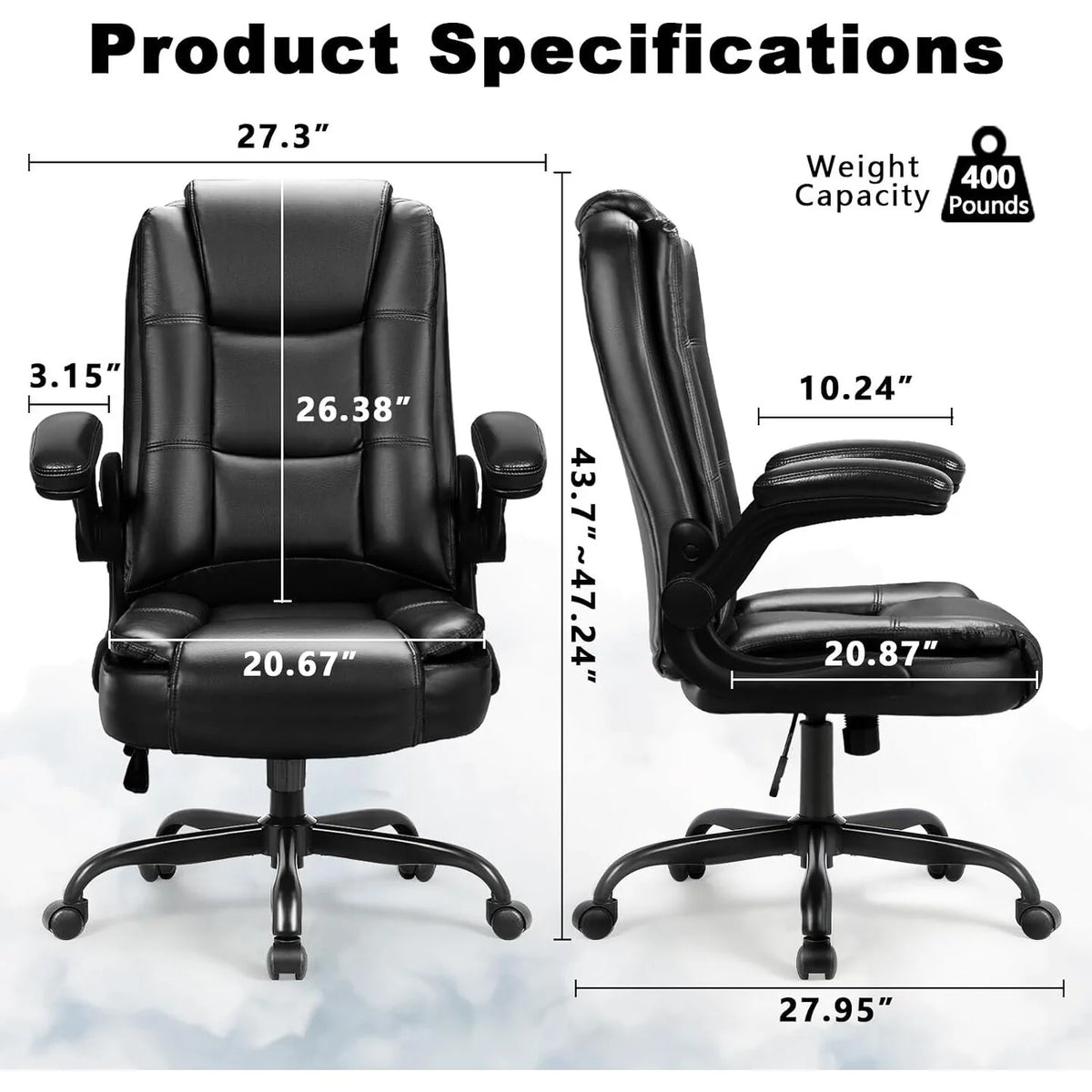 Big and Tall Ergonomic Office Chair, High Back Leather Executive Computer Chair with Padded Flip-Up Arms