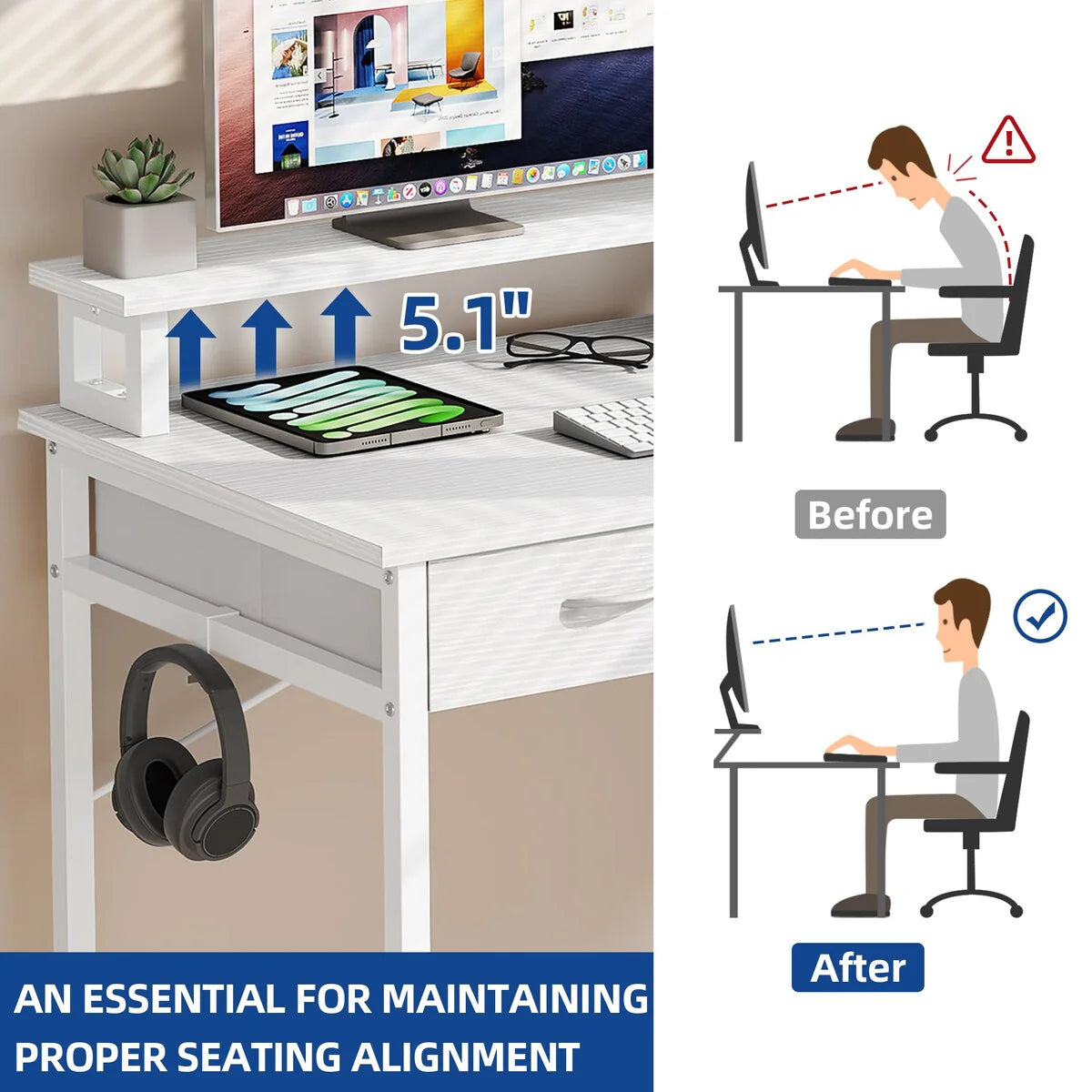 Small Computer Desk with Fabric Drawers and Monitor Stand, Compact Home Office Workstation for Small Spaces