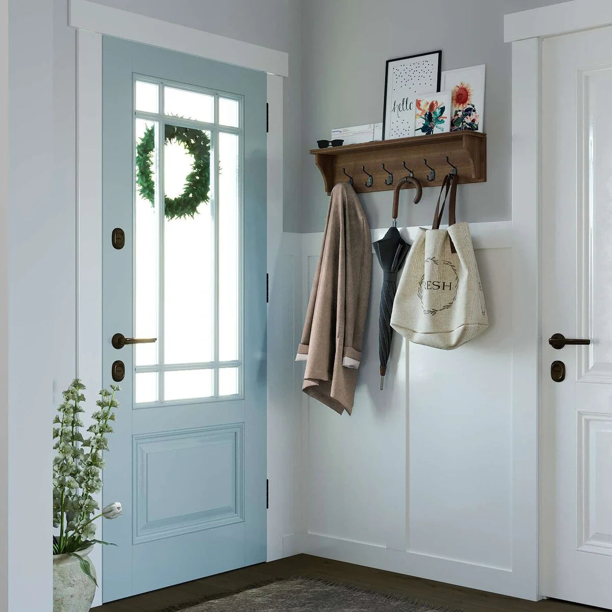 Wood Wall Key Holder with Shelf, Decorative Entryway Mail Organizer with Large Coat Hooks and Storage Rack
