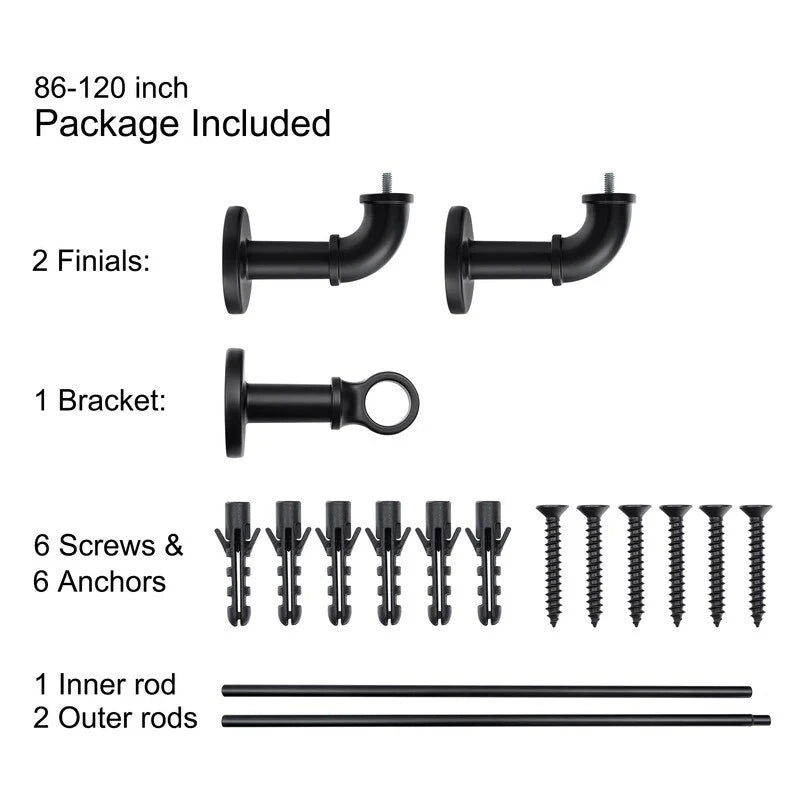 1 Inch Industrial Curtain Rods for Windows, Blackout Wrap-Around Rods, Rustic Matte Black