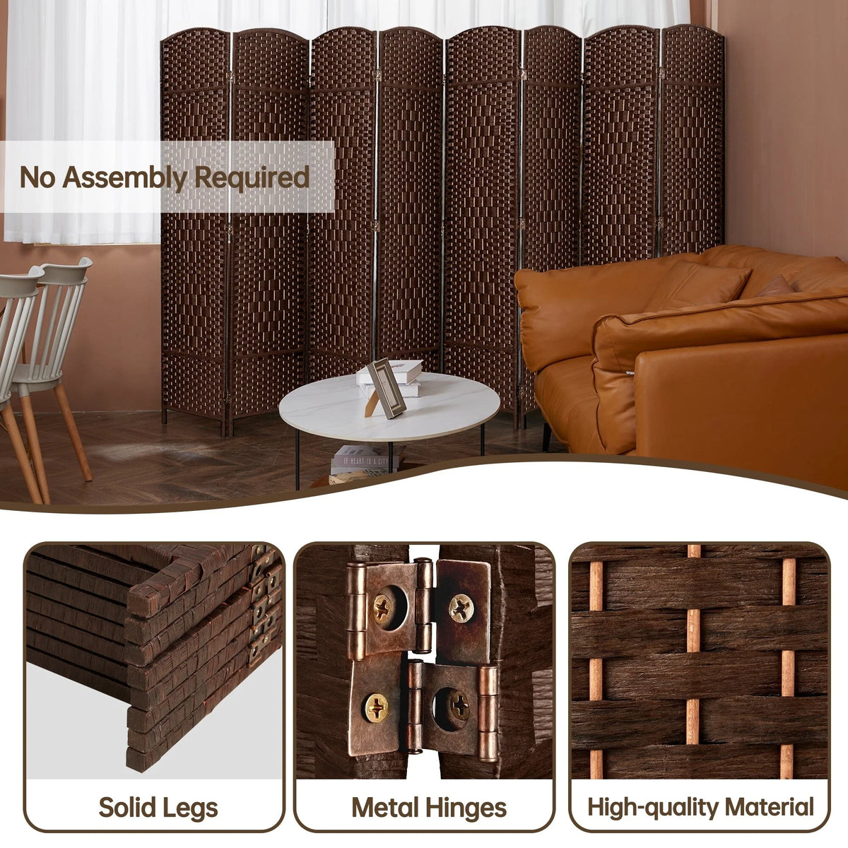 6 FT Tall Woven Fiber Room Divider, Freestanding Folding Privacy Screen