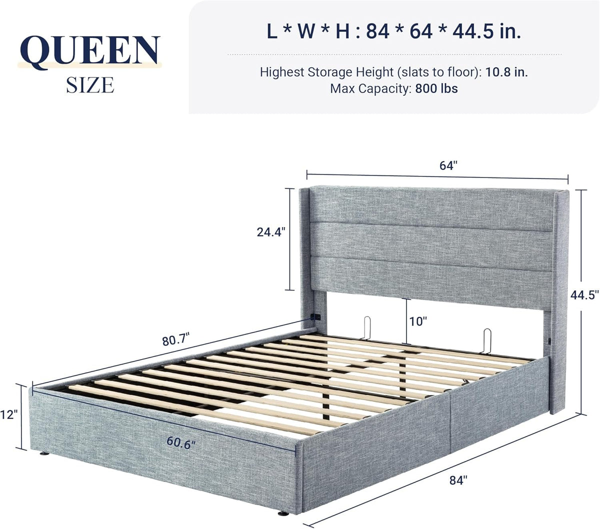 Queen Size Lift Up Storage Bed with Wingback Headboard, Upholstered Platform Bed Frame with Hidden Storage