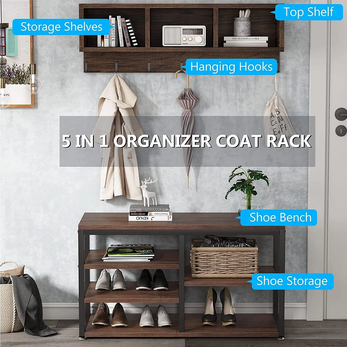 Entryway Coat Rack and Shoe Bench Set, Industrial Hall Tree with Coat and Shoe Storage
