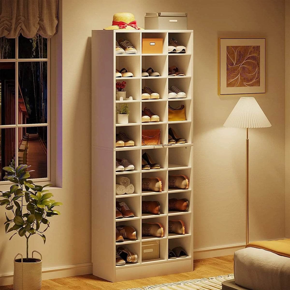 10-Tier Tall Shoe Cabinet, 30-Pair White Wood Shoe Storage Rack for Entryway and Closet