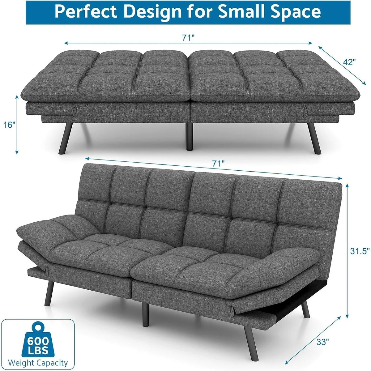 Convertible Futon Sofa Bed with Memory Foam, Foldable Loveseat Sleeper with Adjustable Armrests