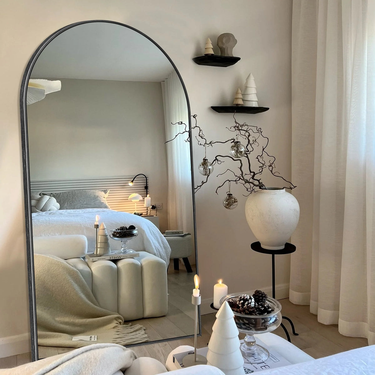 Modern Arched Full Length Floor Mirror, Aluminum Alloy Frame Standing Full Body Mirror