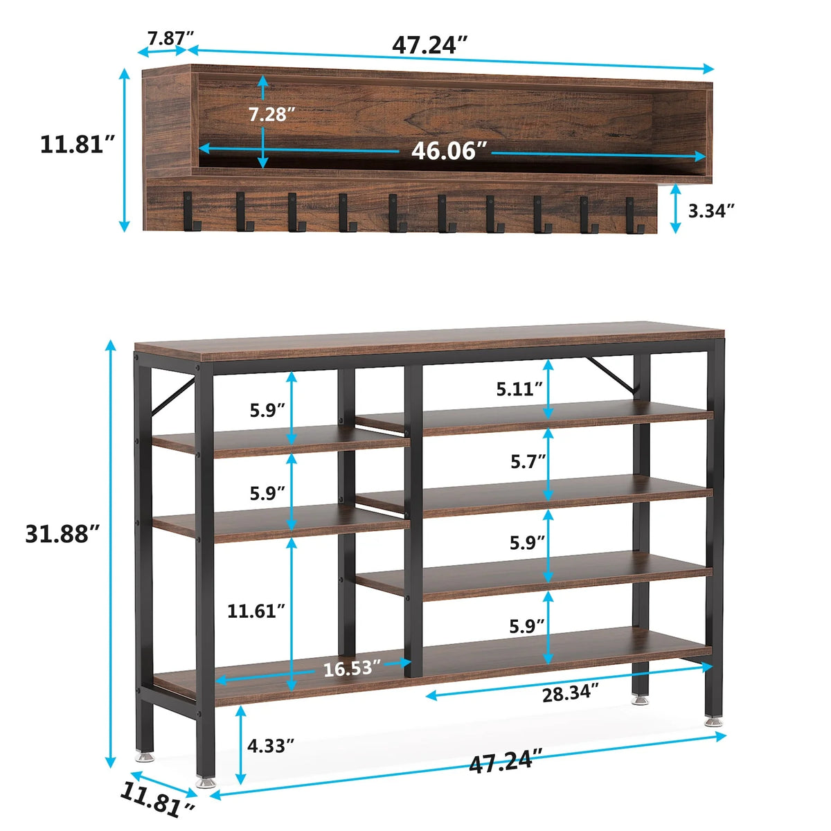 Entryway Coat Rack and Shoe Bench Set, Industrial Hall Tree with Coat and Shoe Storage