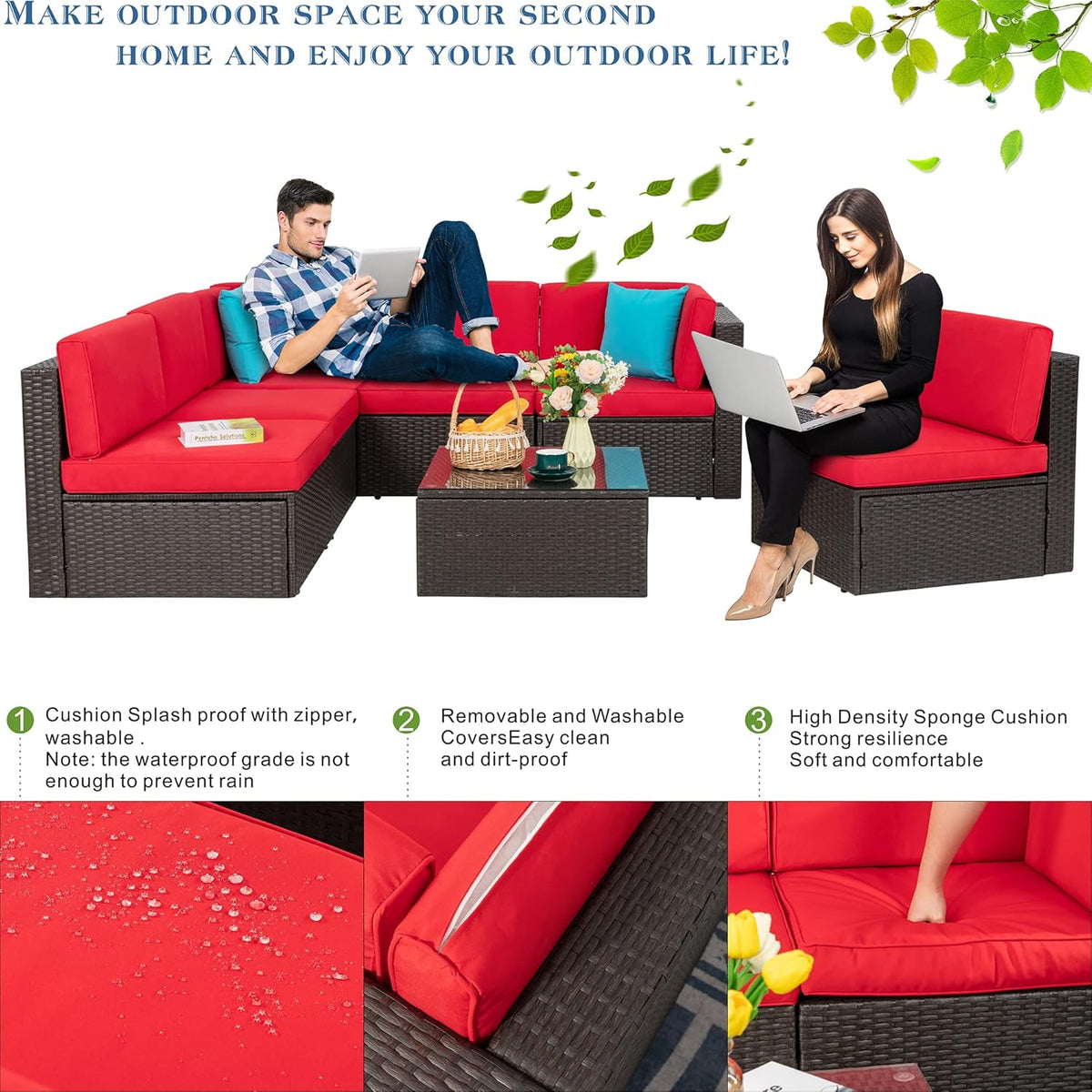 5-Piece All-Weather Patio Furniture Set with Ottoman, Outdoor Wicker Conversation Sofa Set with Cushions for Garden, Deck & Backyard