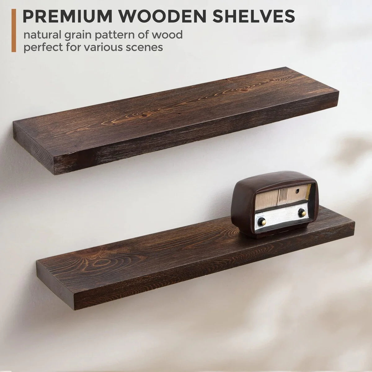 Set of 2 Handcrafted European Pine Floating Wall Shelves, Natural Rustic Wood