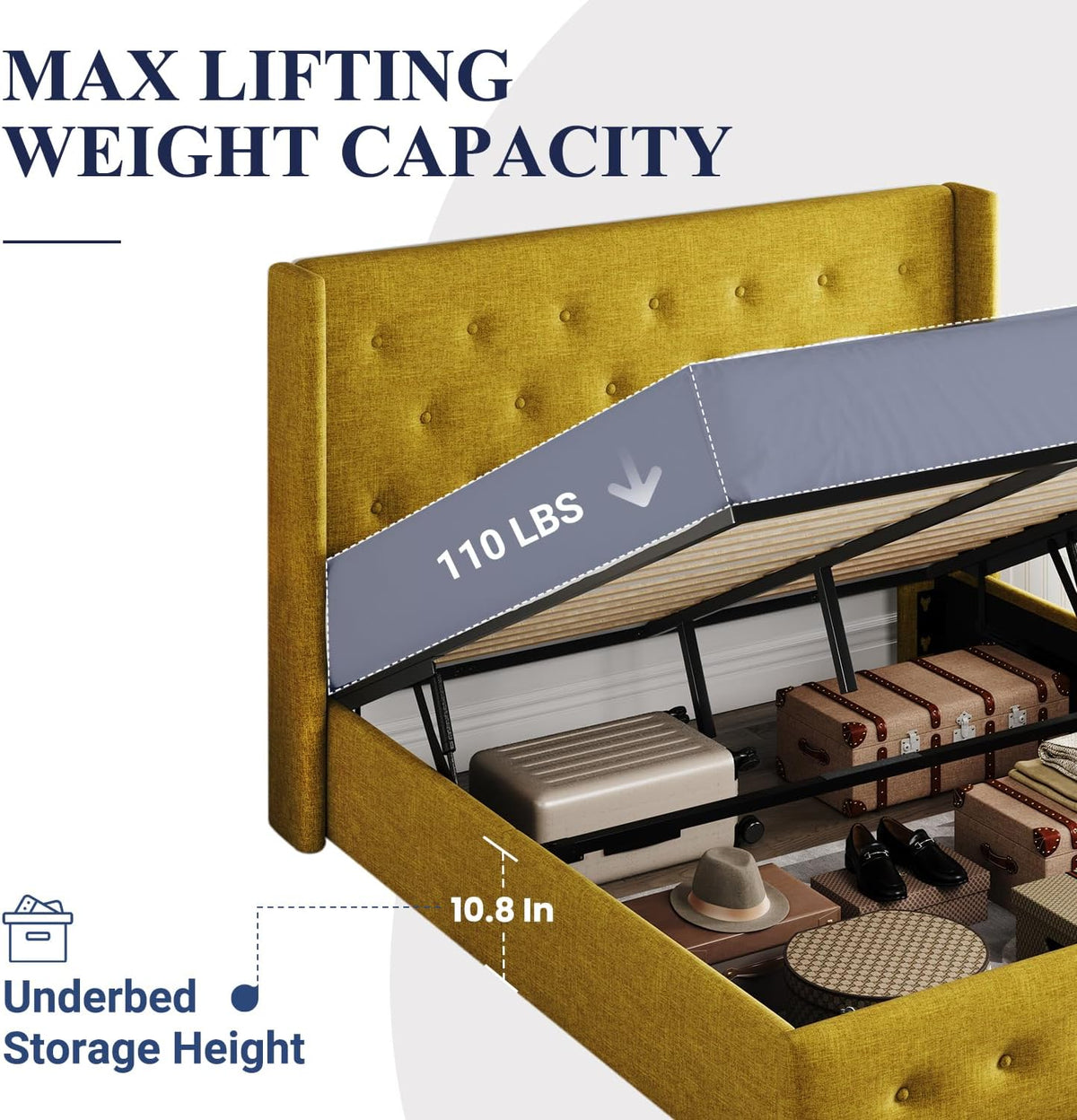 Queen Size Lift Up Storage Bed with Wingback Headboard, Upholstered Platform Bed Frame with Hidden Storage