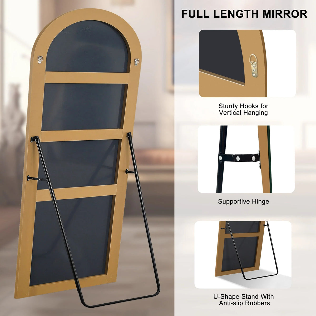 Arched Full Length Wood Floor Mirror, Full Body Standing and Wall Mounted Mirror for Bedroom, Living Room and Home Decor