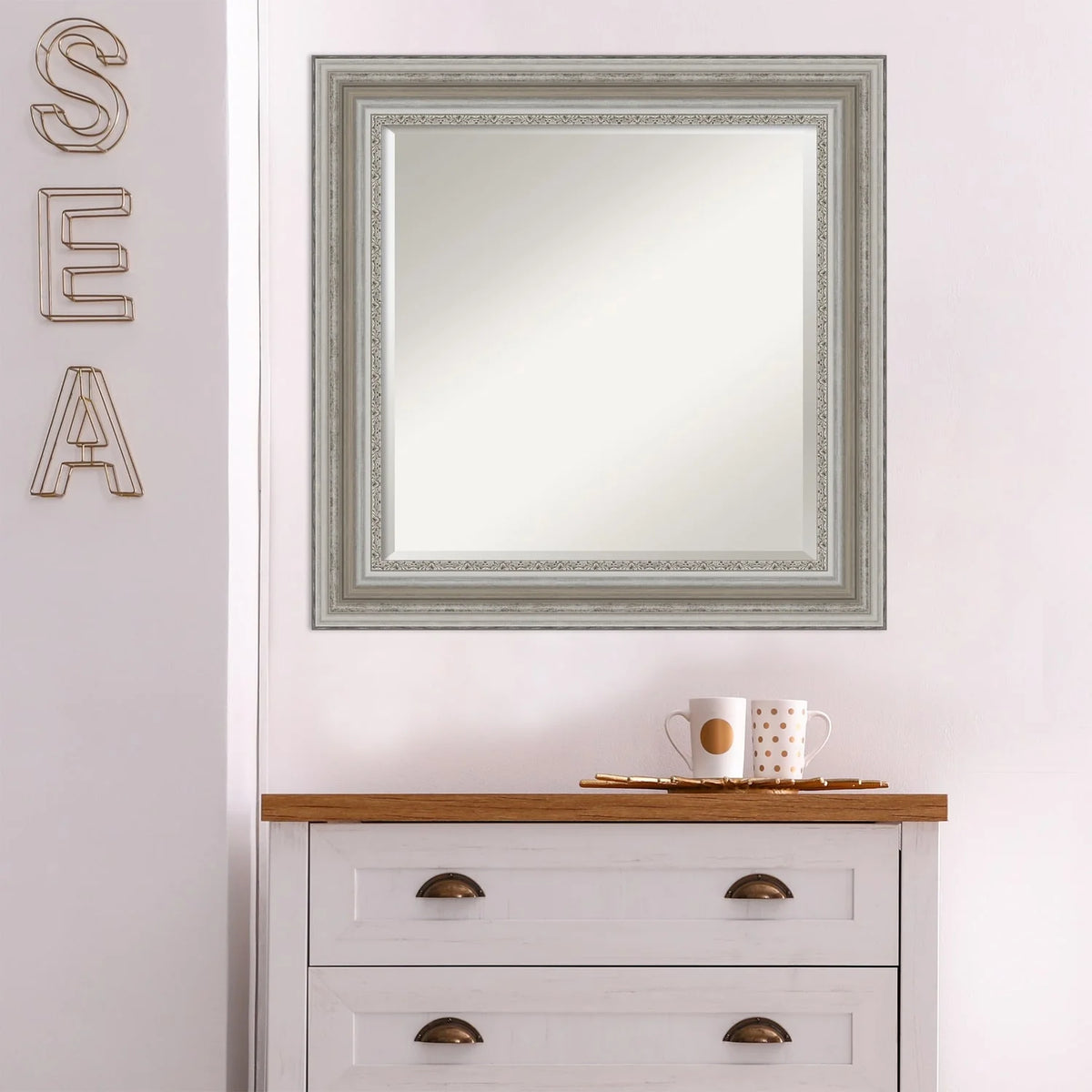 Beveled Bathroom Wall Mirror, Silver Frame Decorative Vanity Mirror for Bathroom, Bedroom and Entryway