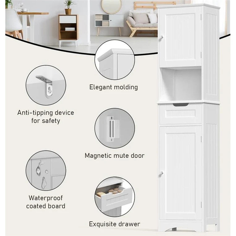 67 Inch Tall Narrow Bathroom Linen Cabinet, 5-Tier Solid Wood Freestanding Storage Cabinet