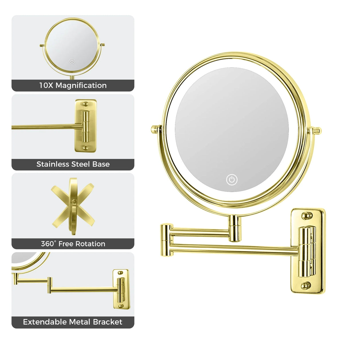 8 Inch Round Wall Mounted Makeup Mirror, Rechargeable, 1X/10X Magnification, 3-Color LED Lights