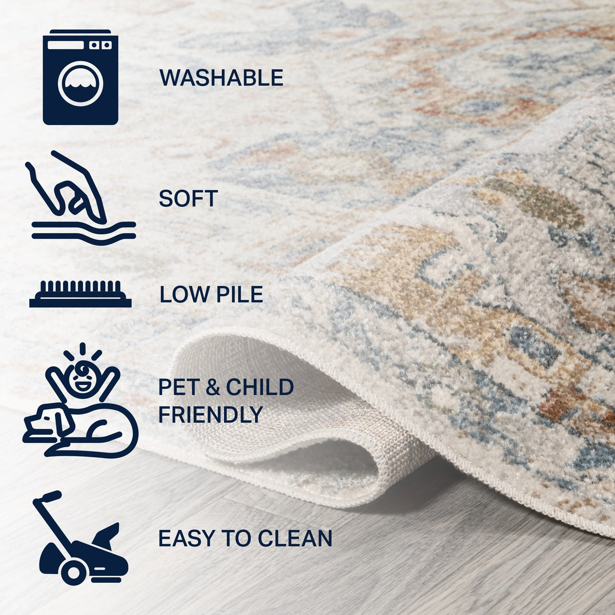 Bohemian Medallion Low-Pile Machine-Washable Area Rug, Cream and Terra