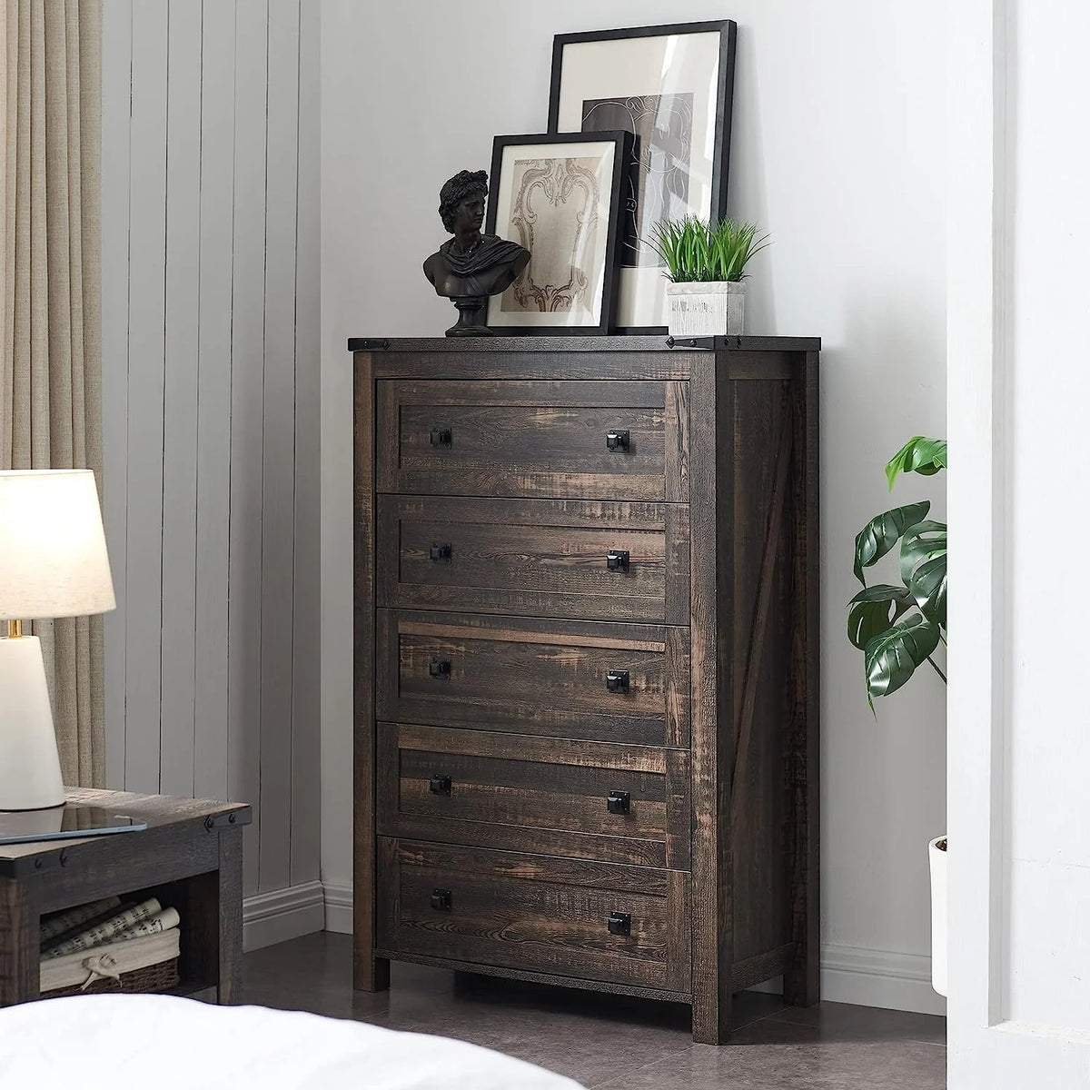 48 Inch Tall Farmhouse Wood Dresser, 5 Drawer Chest of Drawers for Bedroom