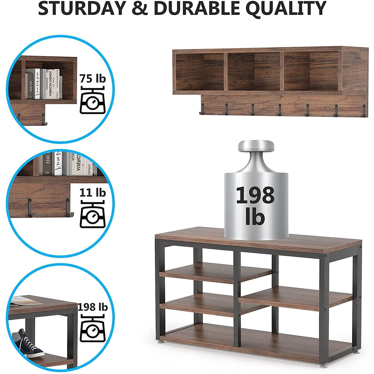 Entryway Coat Rack and Shoe Bench Set, Industrial Hall Tree with Coat and Shoe Storage