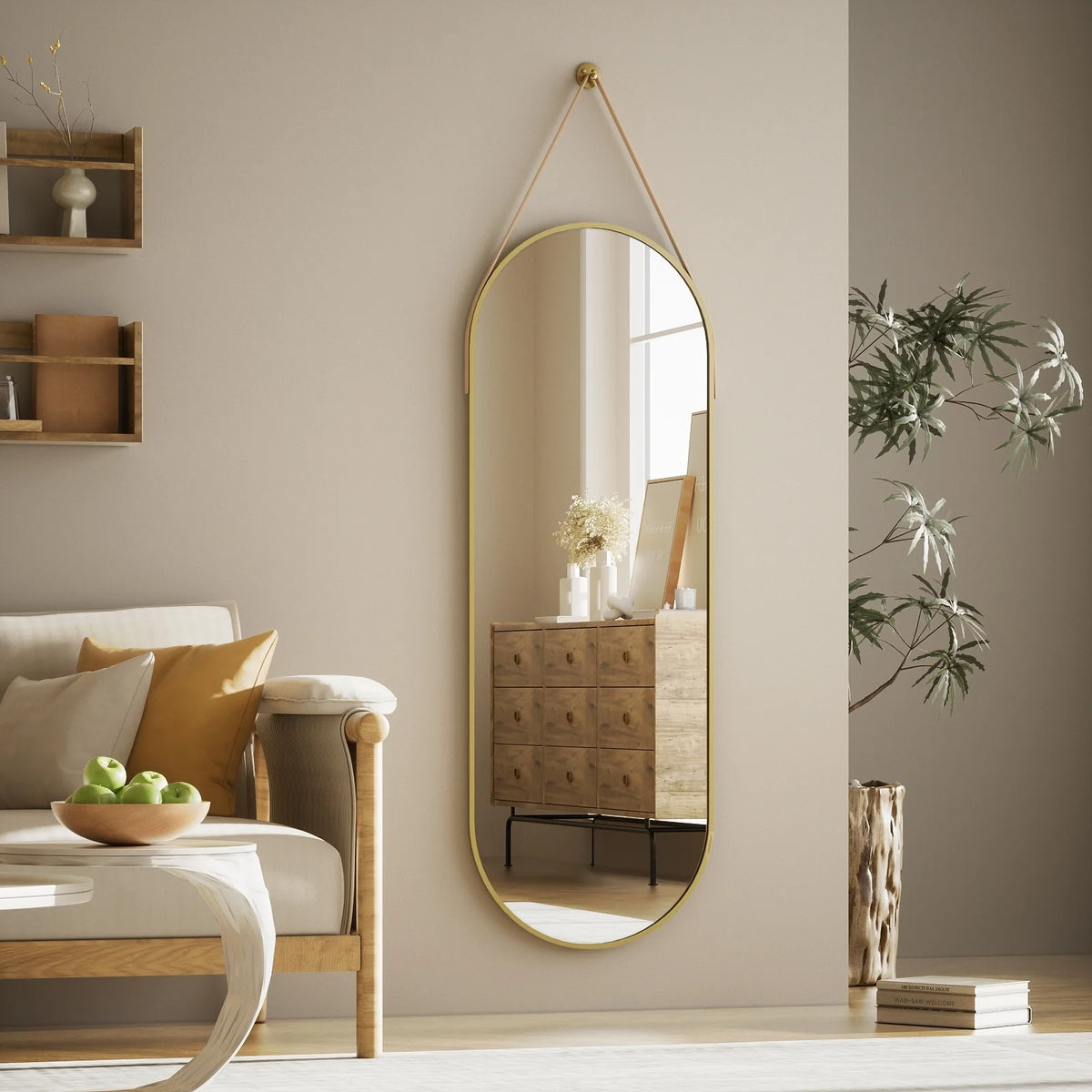 48 x 16 Inch Full Length Wall Mirror with Leather Strap, Hanging Full Body Mirror for Bedroom, Entryway and Home Decor