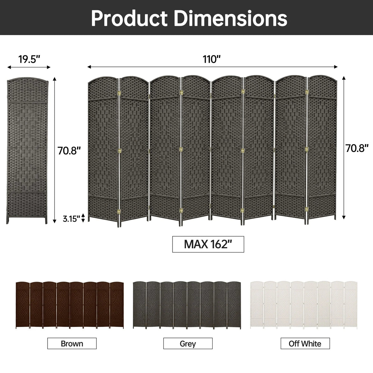 6 FT Tall Woven Fiber Room Divider, Freestanding Folding Privacy Screen
