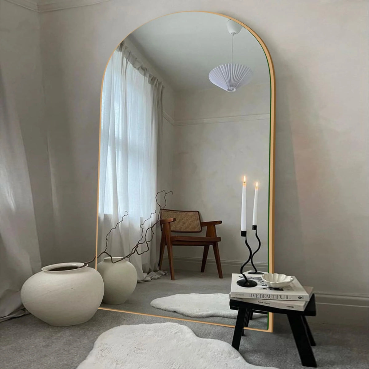 Arched Full Length Wood Floor Mirror, Full Body Standing and Wall Mounted Mirror for Bedroom, Living Room and Home Decor
