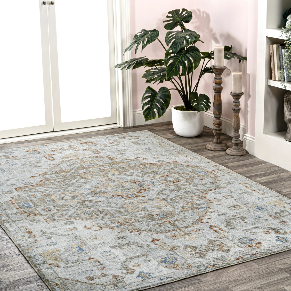 Bohemian Medallion Low-Pile Machine-Washable Area Rug, Cream and Terra